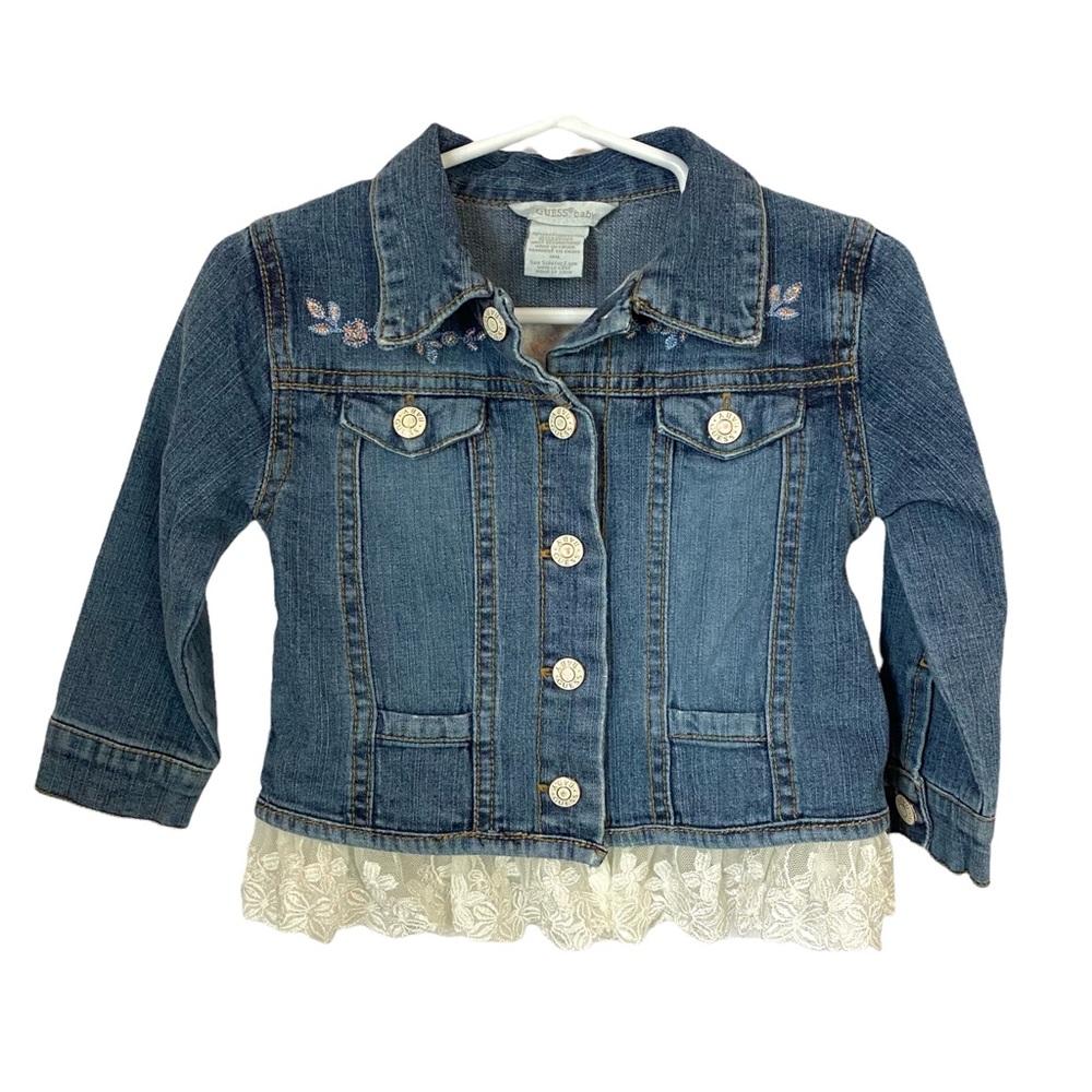 Baby Guess 18 month Denim Jean Jacket Lace Trim Floral Accent Snap Closure